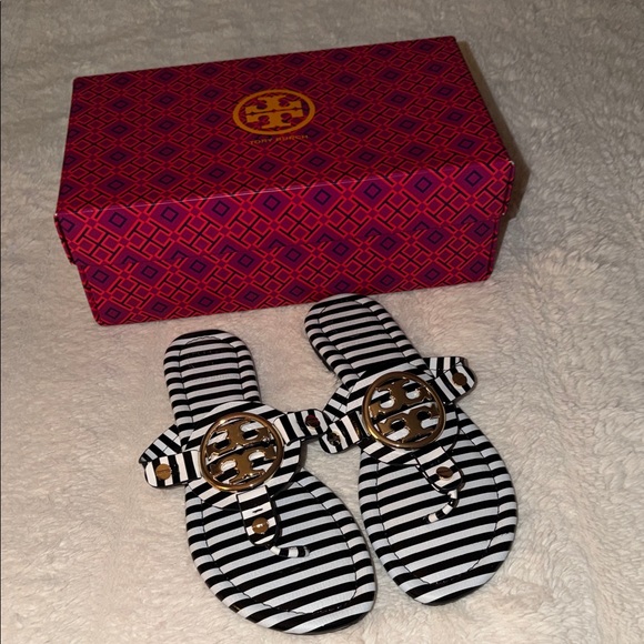 Tory Burch Shoes - New Tory Burch Black and White Striped Slides with Gold Logo